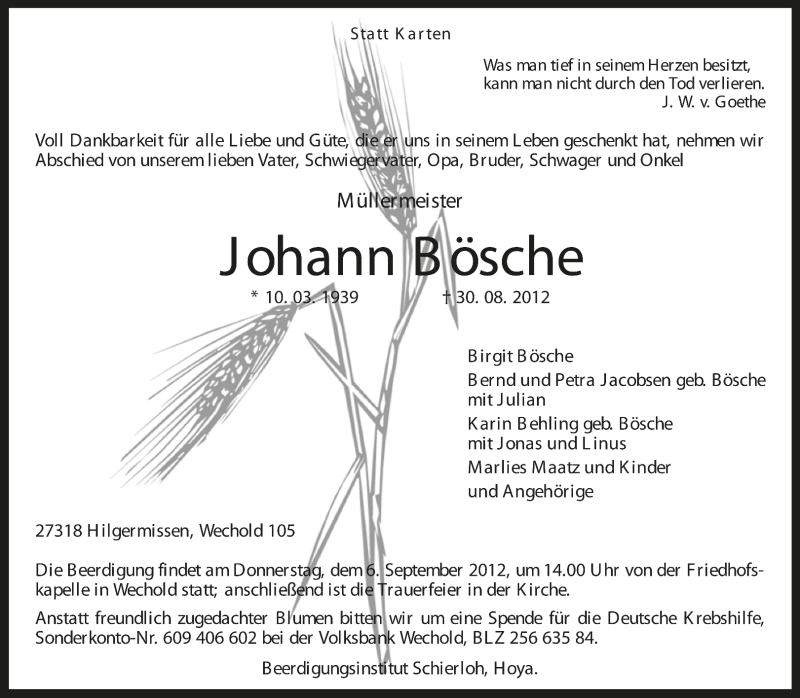  Traueranzeige für Johann Bösche vom 03.09.2012 aus KRZ