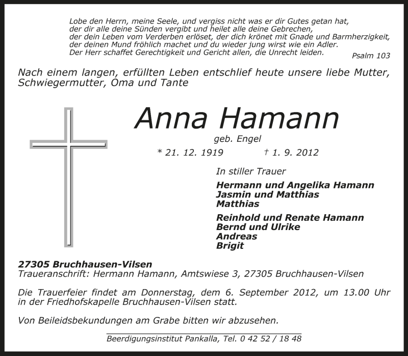  Traueranzeige für Anna Hamann vom 03.09.2012 aus KRZ