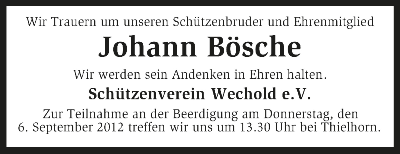  Traueranzeige für Johann Bösche vom 04.09.2012 aus KRZ