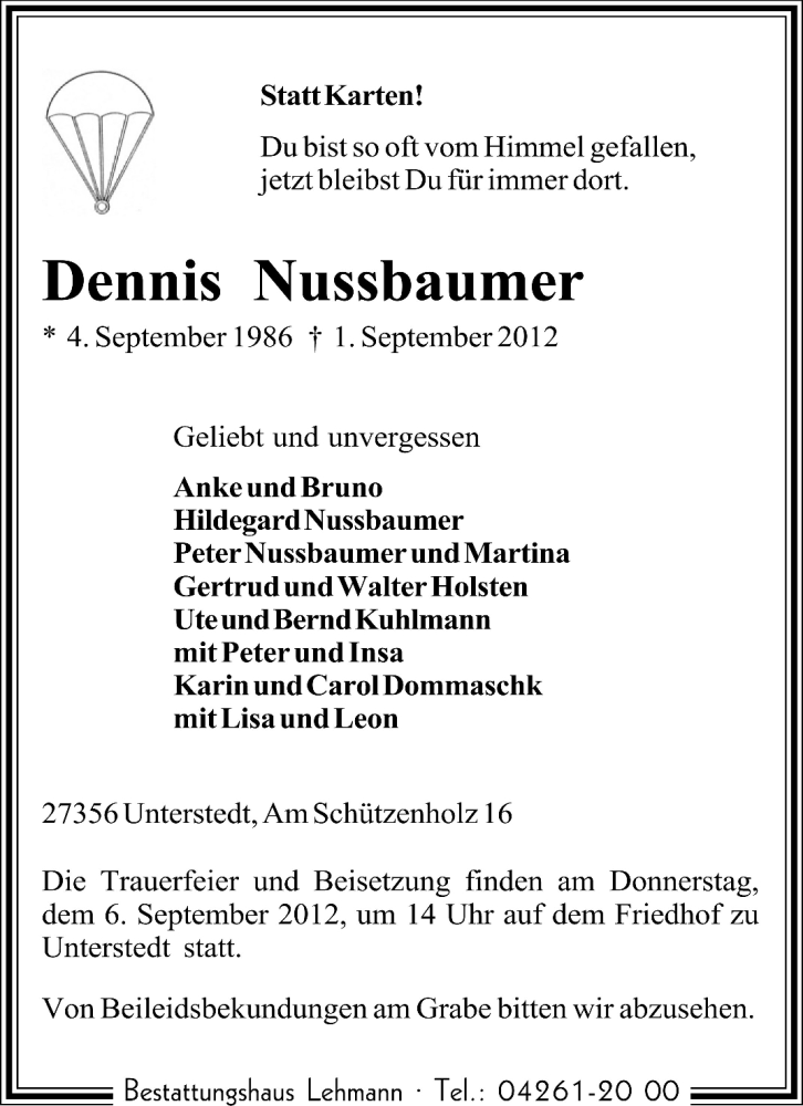  Traueranzeige für Dennis Nussbaumer vom 04.09.2012 aus KRZ