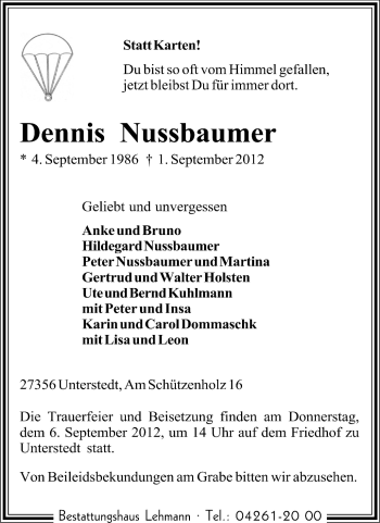 Traueranzeige von Dennis Nussbaumer von KRZ