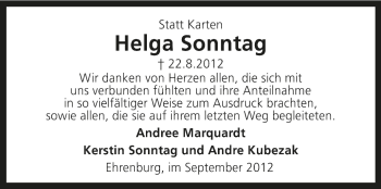 Traueranzeige von Helga Sonntag von KRZ