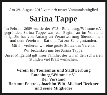 Traueranzeige von Sarina Tappe von KRZ