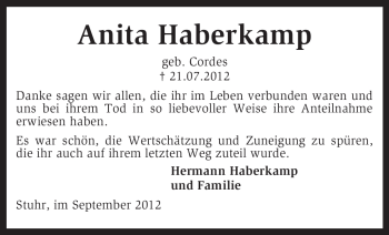 Traueranzeige von Anita Haberkamp von KRZ