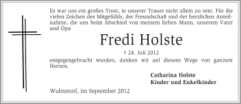 Traueranzeige von Fredi Holste von KRZ