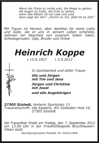 Traueranzeige von Heinrich Koppe von KRZ