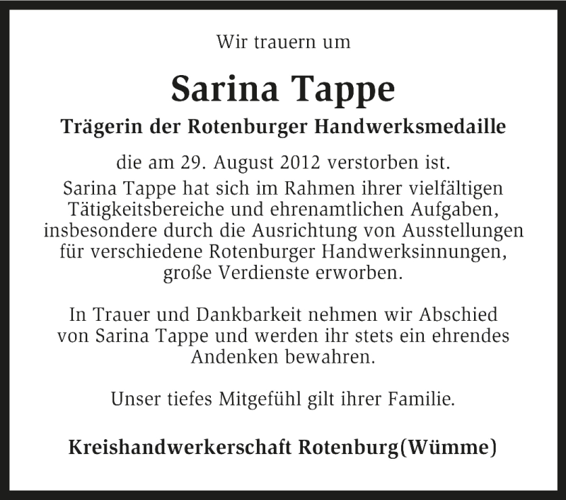  Traueranzeige für Sarina Tappe vom 05.09.2012 aus KRZ
