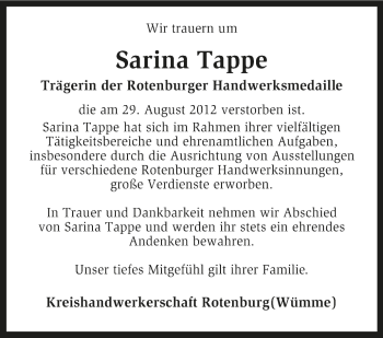 Traueranzeige von Sarina Tappe von KRZ