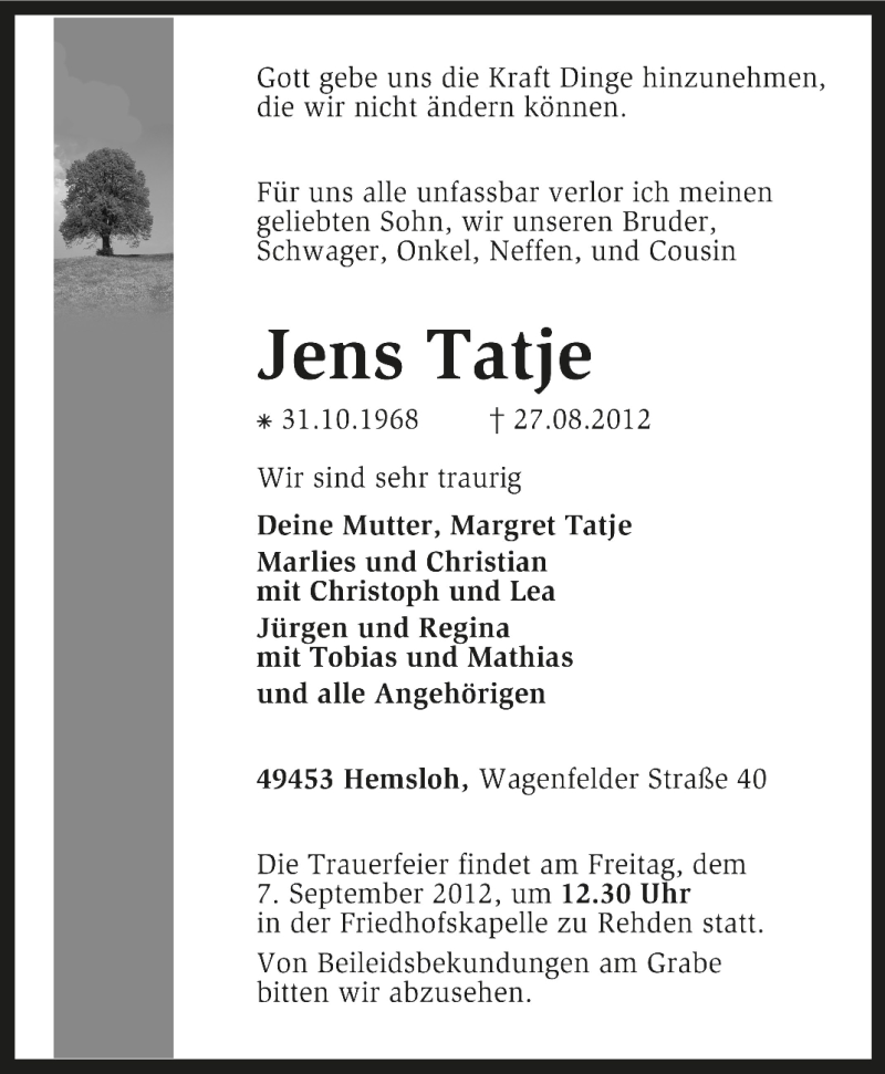  Traueranzeige für Jens Tatje vom 05.09.2012 aus KRZ