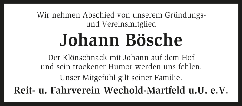  Traueranzeige für Johann Bösche vom 05.09.2012 aus KRZ