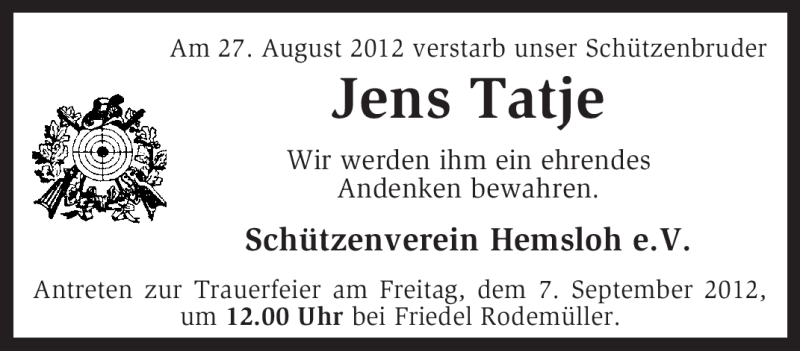  Traueranzeige für Jens Tatje vom 06.09.2012 aus KRZ