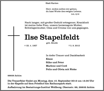 Traueranzeige von Ilse Stapelfeldt von KRZ