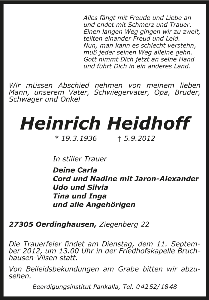  Traueranzeige für Heinrich Heidhoff vom 07.09.2012 aus KRZ