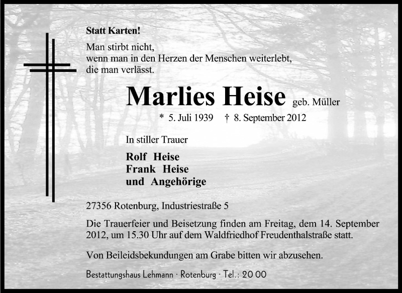  Traueranzeige für Marlies Heise vom 10.09.2012 aus KRZ