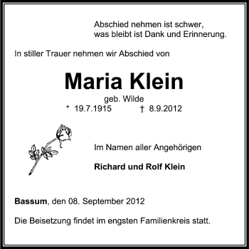 Traueranzeige von Maria Klein von KRZ