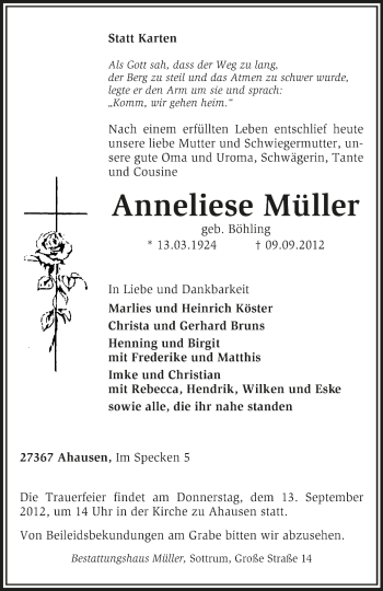 Traueranzeige von Anneliese Müller von KRZ