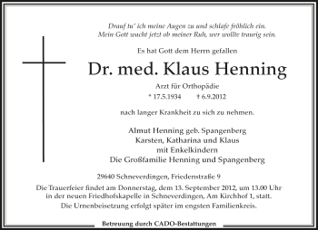 Traueranzeige von Klaus Henning von KRZ