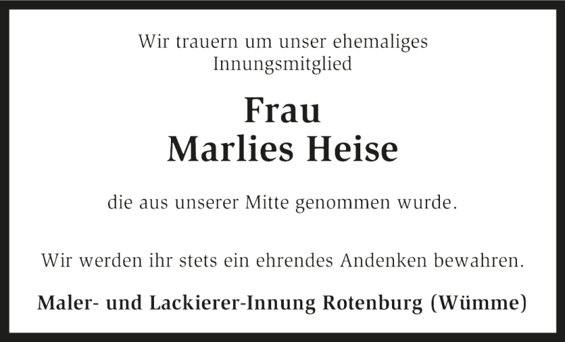  Traueranzeige für Marlies Heise vom 11.09.2012 aus KRZ