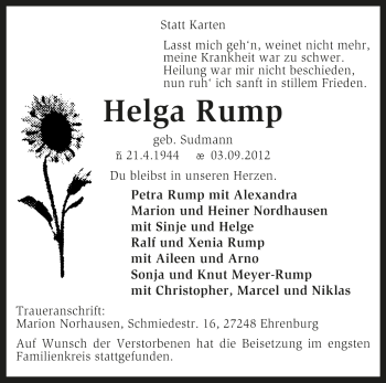 Traueranzeige von Helga Rump von KRZ