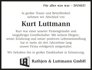 Traueranzeige von Kurt Luttmann von KRZ