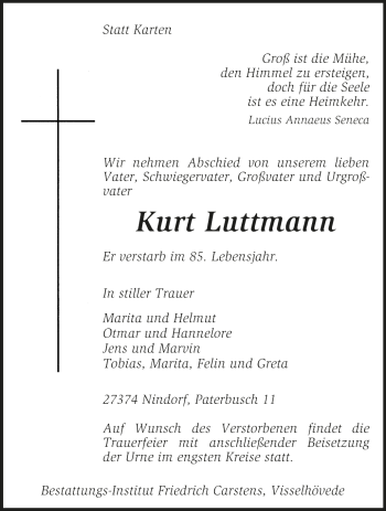 Traueranzeige von Kurt Luttmann von KRZ