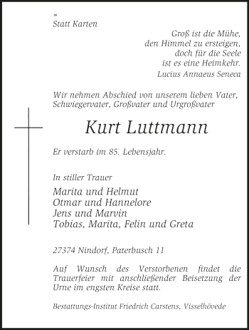 Traueranzeige von Kurt Luttmann von KRZ