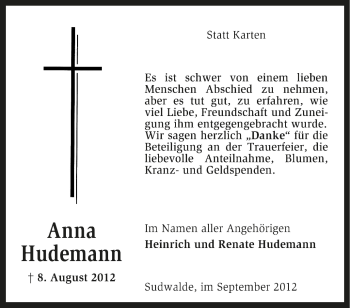 Traueranzeige von Anna Hudemann von KRZ