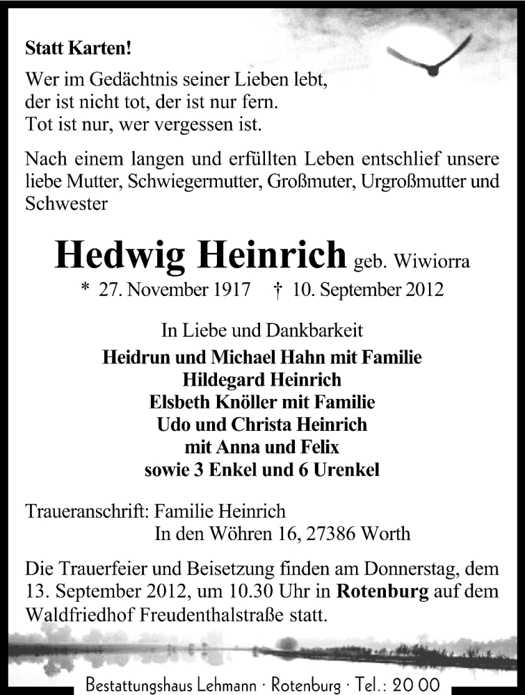  Traueranzeige für Hedwig Heinrich vom 12.09.2012 aus KRZ