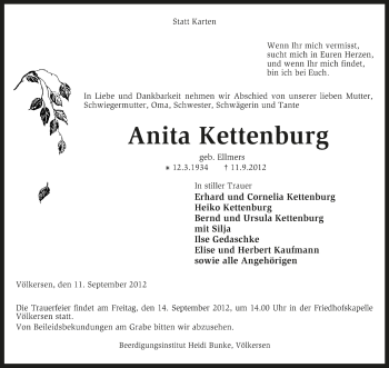 Traueranzeige von Anita Kettenburg von KRZ