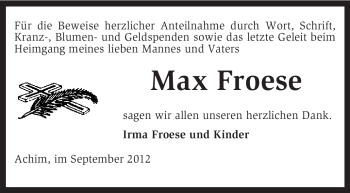 Traueranzeige von Max Froese von KRZ