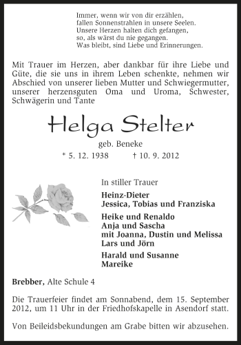 Traueranzeige von Helga Stelter von KRZ