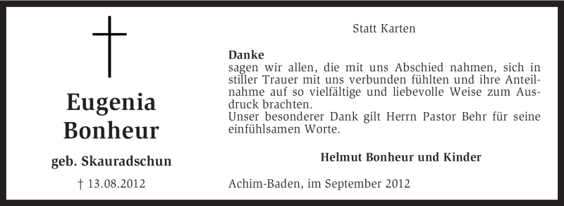  Traueranzeige für Eugenia Bonheur vom 15.09.2012 aus KRZ