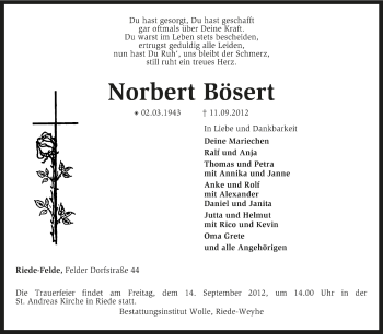 Traueranzeige von Norbert Bösert von KRZ