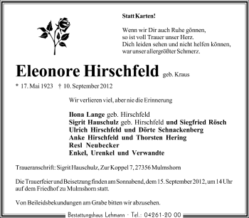 Traueranzeige von Eleonore Hirschfeld von KRZ