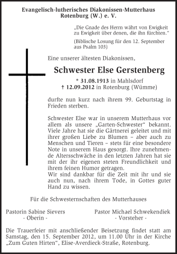 Traueranzeige von Else Gerstenberg von KRZ