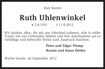 Traueranzeige von Ruth Uhlenwinkel von KRZ