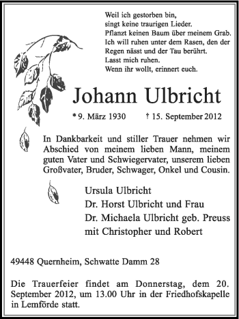 Traueranzeige von Johann Ulbricht von KRZ