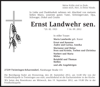 Traueranzeige von Ernst Landwehr von KRZ