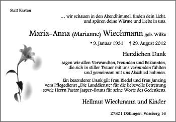 Traueranzeige von Maria-Anna Wiechmann von KRZ