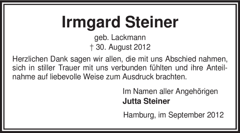  Traueranzeige für Irmgard Steiner vom 27.09.2012 aus KRZ