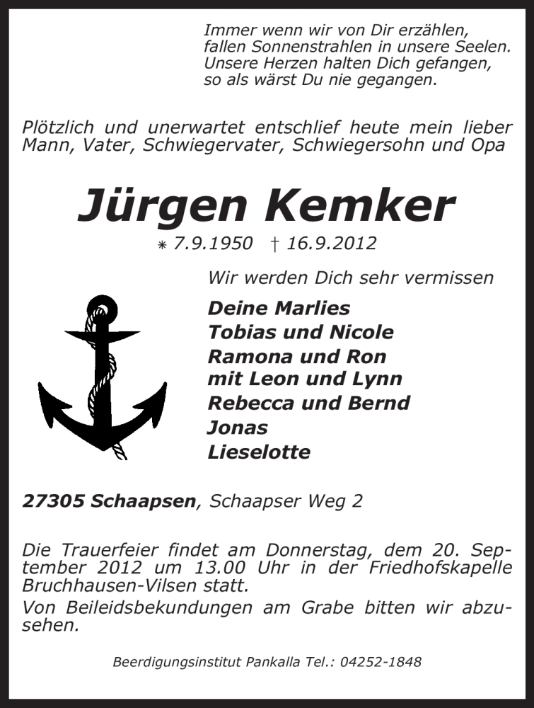  Traueranzeige für Jürgen Kemker vom 18.09.2012 aus KRZ