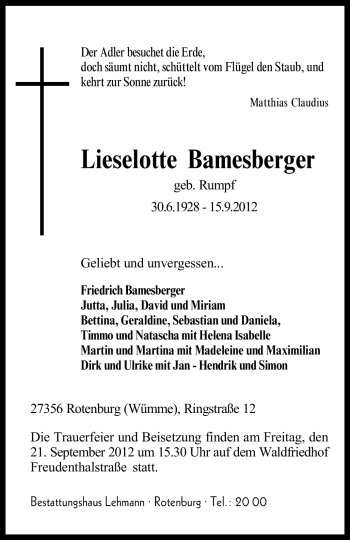 Traueranzeige von Lieselotte Bamesberger von KRZ