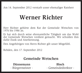 Traueranzeige von Werner Richter von KRZ