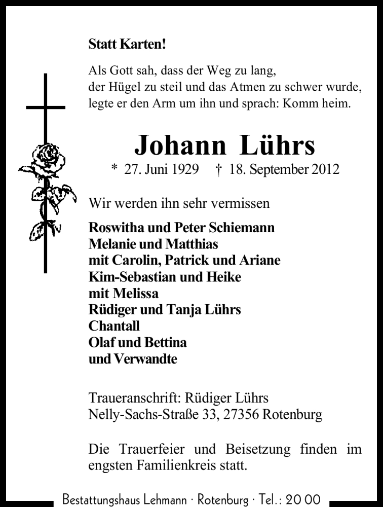  Traueranzeige für Johann Lührs vom 20.09.2012 aus KRZ