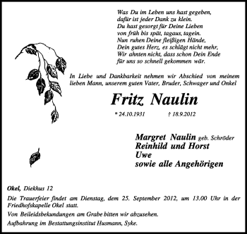 Traueranzeige von Fritz Naulin von KRZ