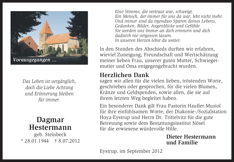  Traueranzeige für Dagmar Hestermann vom 22.09.2012 aus KRZ