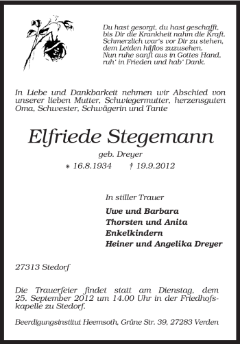 Traueranzeige von Elfriede Stegemann von KRZ