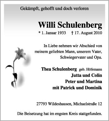 Traueranzeige von Willi Schulenberg von KREISZEITUNG SYKE