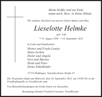 Traueranzeige von Lieselotte Helmke von KRZ