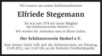 Traueranzeige von Elfriede Stegemann von KRZ